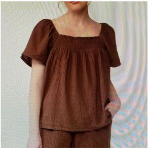 Cozy Brown Women's Short Sleeve Waffle Gauze Soft Top Size Large